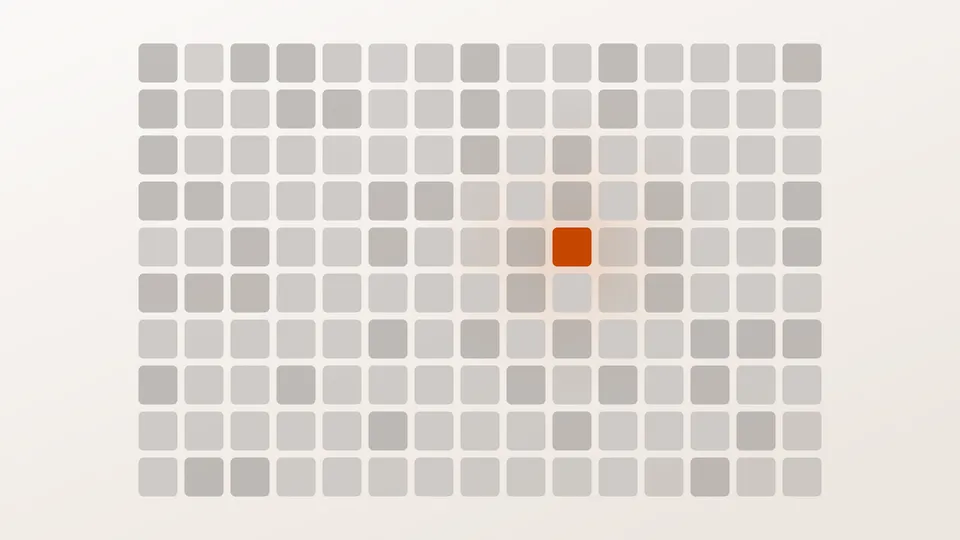 A dense grid of small grey blocks in even rows, with a single orange block among them.
