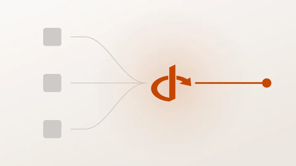 Seven grey rails entering from the left, converging to a single point and continuing as one orange line.