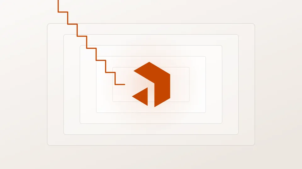 Nested frames receding toward the centre of the frame, with a single orange thread stepping inward through each one until it ends on one small node.