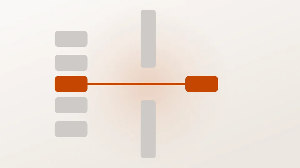 Nine grey lines running into a tall orange bar with a single gap in it, through which one line continues.