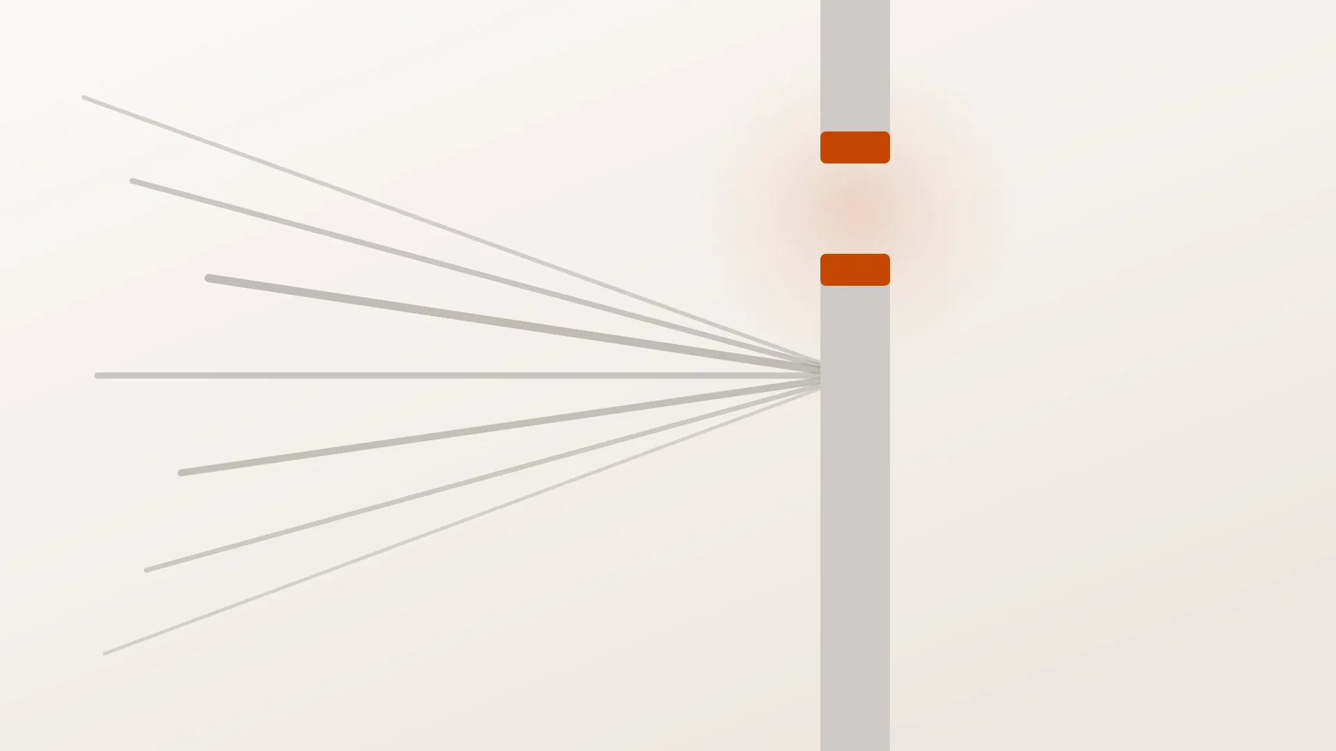 A grey bar running the full height of the frame, broken by a gap whose two facing edges are capped in orange, and a fan of grey lines coming in from the left and disappearing behind the bar well below the gap.