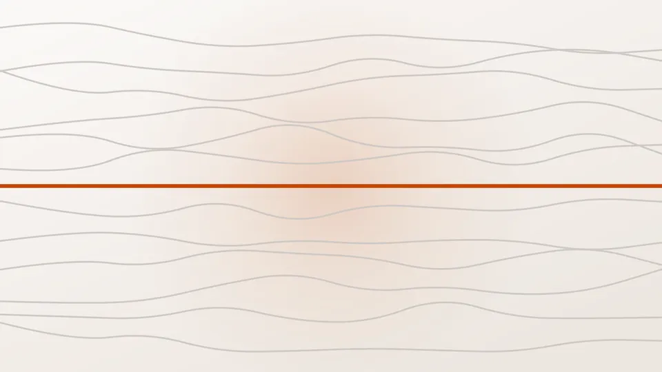 Zwölf graue Linien, die leicht durch das Bild driften, und eine schnurgerade orange Linie, die ihre Höhe hält.