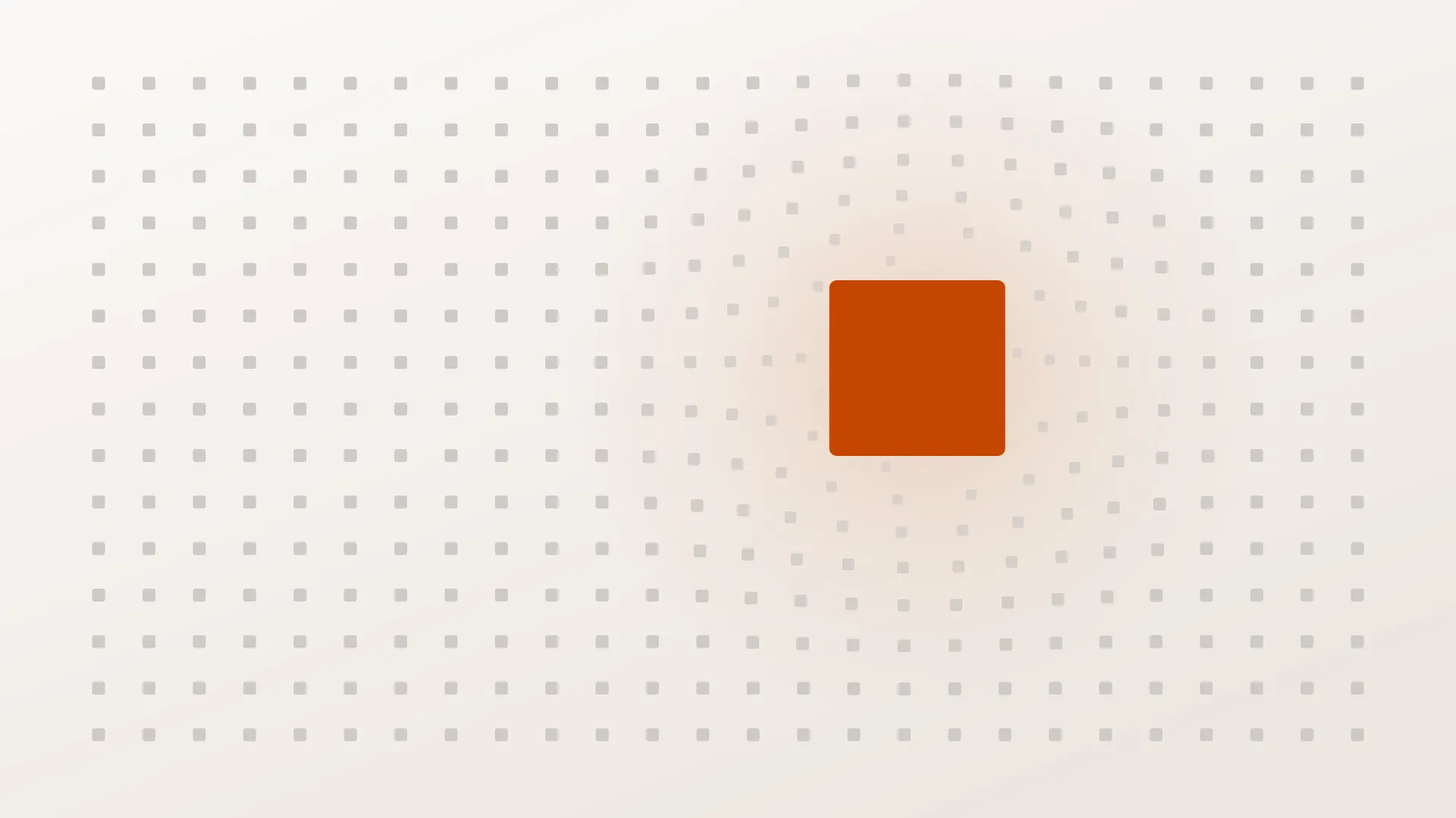 A regular grid of small grey squares filling the frame, with one square scaled up many times and filled solid orange, the surrounding rows and columns bending and compressing around it.